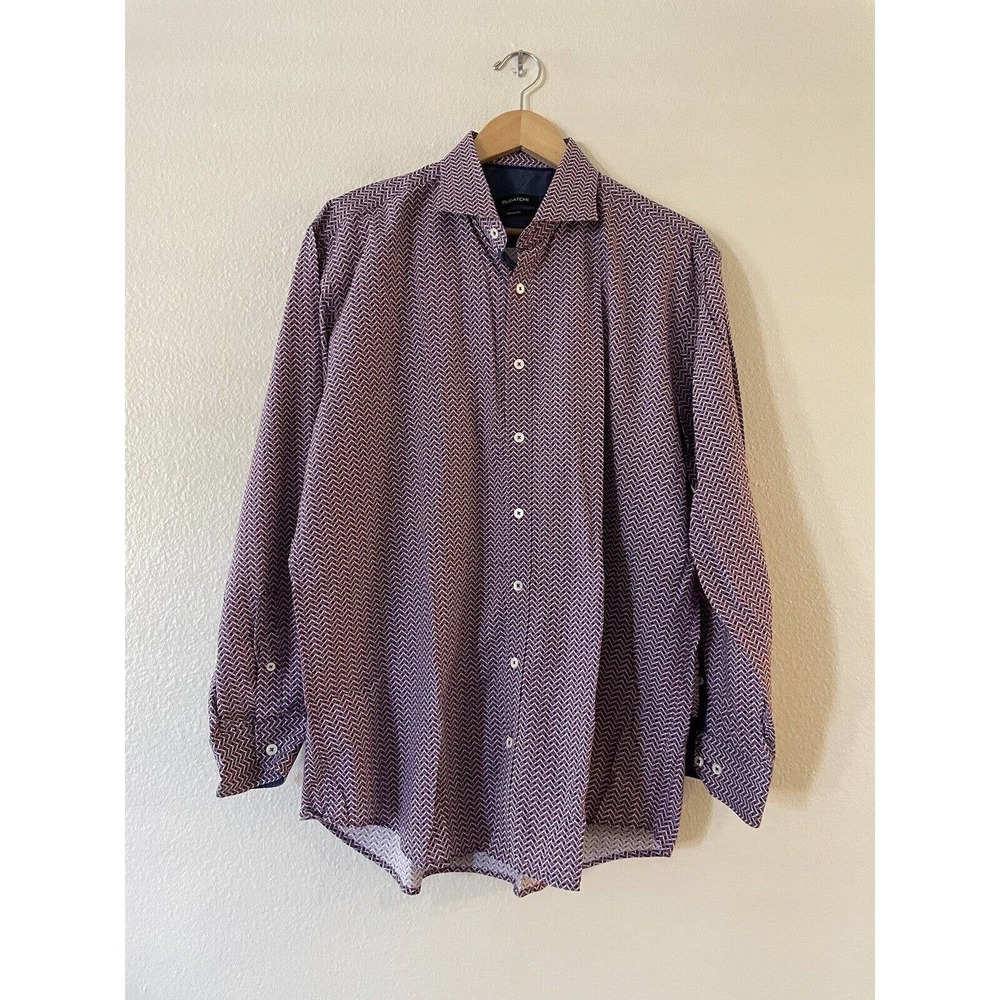 Bugatchi Size XL Mens Classic Fit Cotton Button-Up Shirt Geometric Long Sleeve